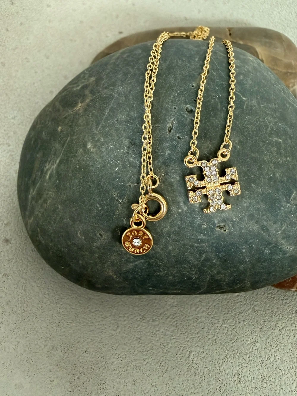 Tory Burch Gold Tone Crystal Logo Pendant Necklace